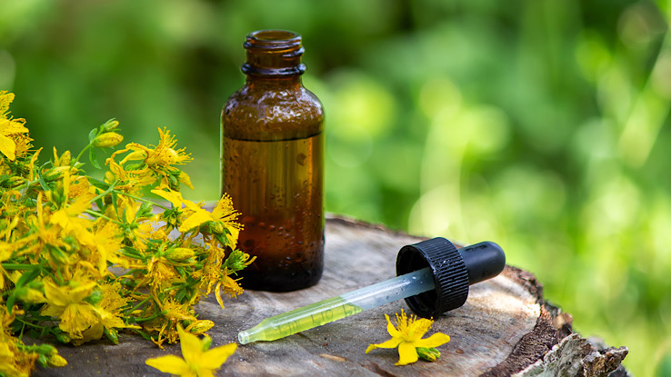 St. John’s Wort flower with a glass bottle of oil.